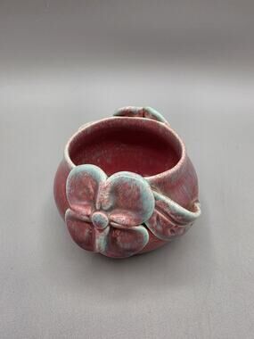 Antique KTK California Pink Blue Mini Planter Bowl Applied Flowers Drip Glaze